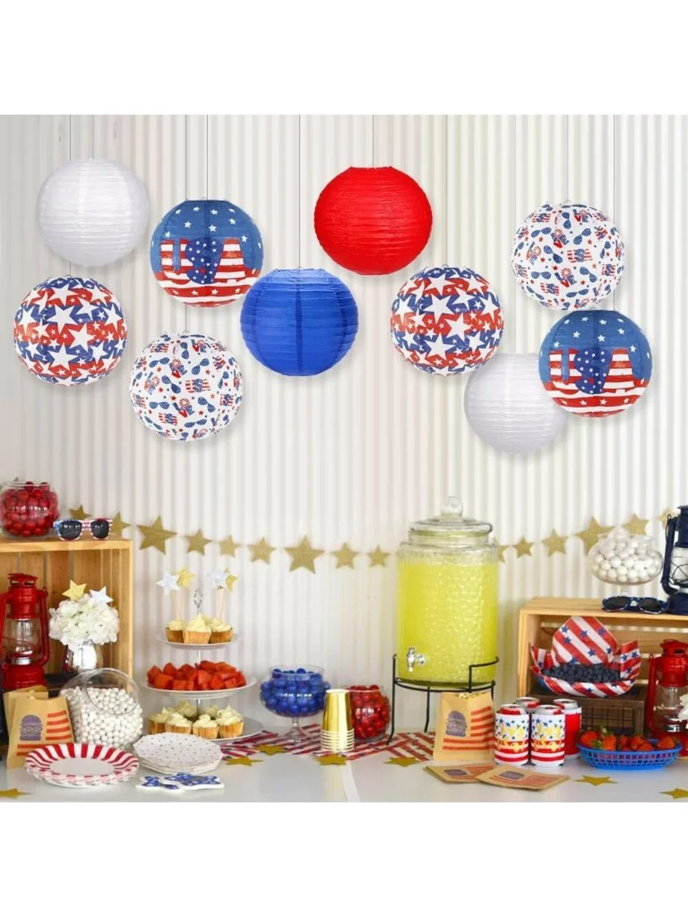 Patriotic Red White Blue Hanging Paper Lanterns - 10 Pack for 4th of July Decor